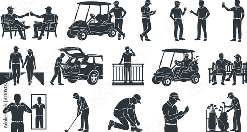 Quadro su tela Golf Lifestyle Silhouette Collection with Golf Cart Walking Players Putting Soci