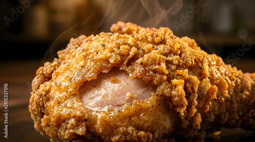 Close up of a piece of crispy fried chicken with a golden breaded crust and steam rising from the hot meat