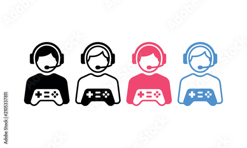 Four gamers with headsets and controllers icon set