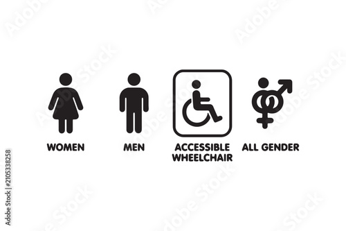 Public Restroom Sign Icons Set with Male Female, Wheelchair Accessible, Family Toilet Symbols, Minimal Black and White Bathroom Pictogram Collection Vector