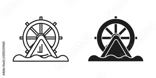 Water wheel symbol in water with warning sign during simple flat design concept