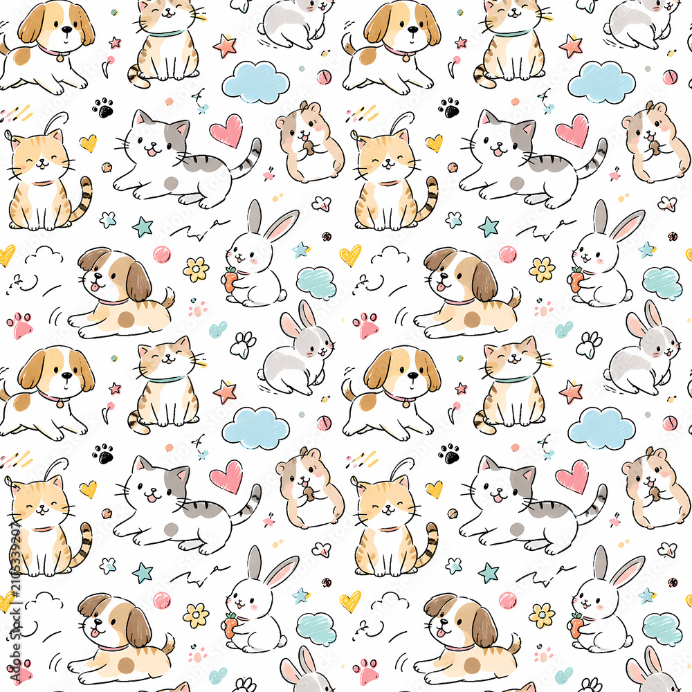 Fototapeta premium Seamless vector pattern with cute funny animal faces including cats, dogs, and cows, adorable cartoon wallpaper design for kids and babies