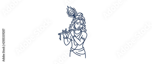 Fotografi Divine Musician Playing Flute with Peacock Feather