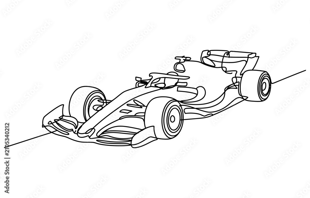 Obraz premium Continuous single line drawing of a fast formula one race car moving quickly on a track for sports competition and automotive speed concept Vector, illustration