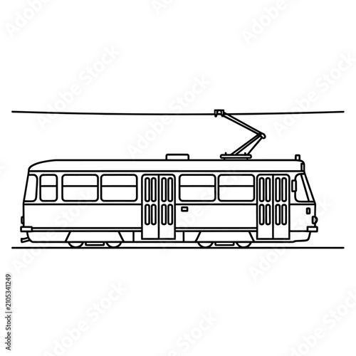 Outline vector illustration of a classic tram or streetcar, depicting urban public transport. Simple line art drawing of a vintage commuter vehicle.