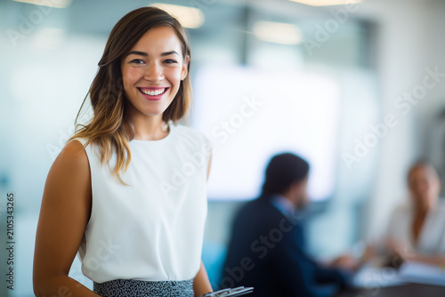 Portrait of happy smiling confident young very attractive businesswoman CEO professional manager in a skirt in a business meeting teamwork looking at camera