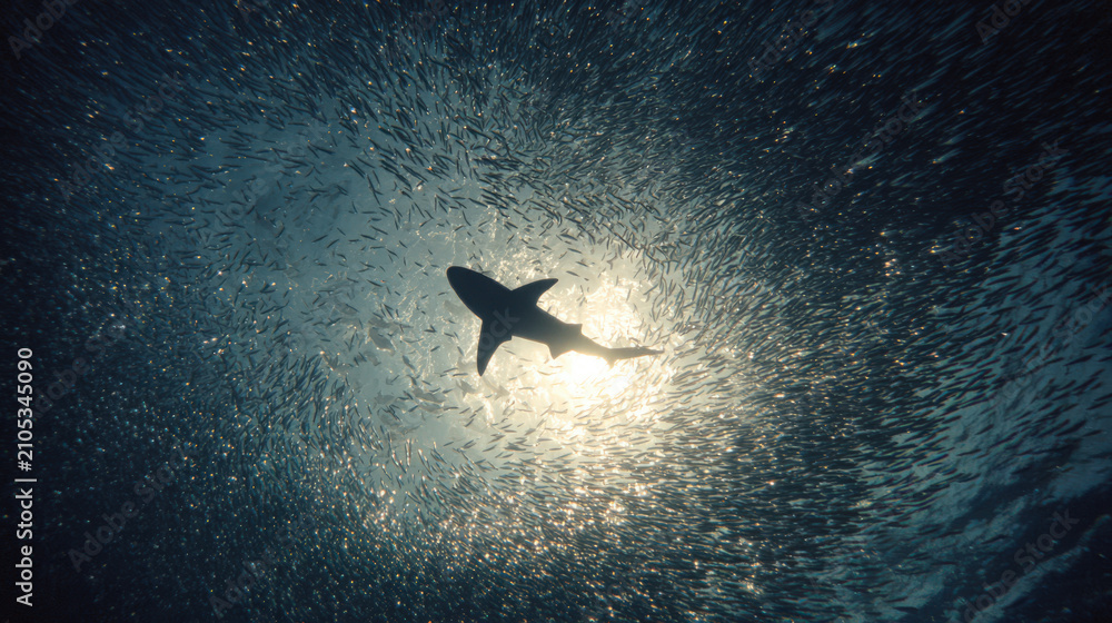 Fototapeta premium A menacing silhouette of a shark swims through the ocean depths, illuminated by the sun's rays breaking through the water's surface.