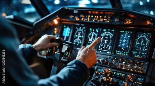 Advanced cockpit simulator showcasing a bright navigation interface designed for pilot training and aviation enthusiasts