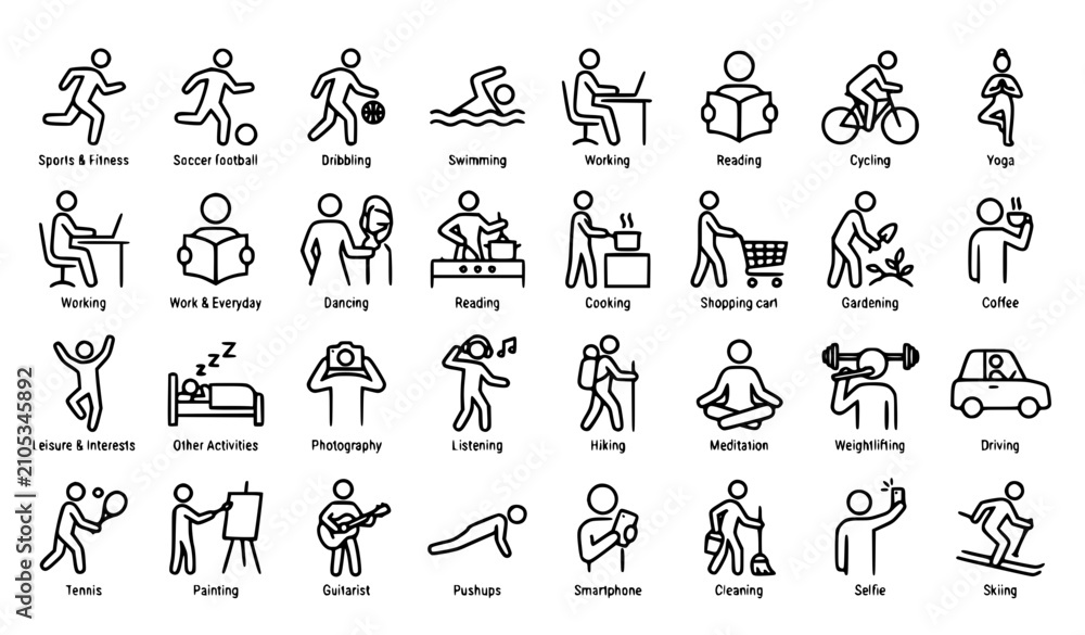 Fototapeta premium Lifestyle Activity Outline Icons Monochrome Vector Set