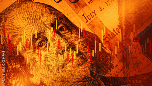Cuadro en lienzo Chart shows money trends with coin details during a recession period