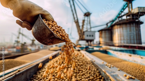 Gloved Hand Pouring Fresh Harvested Soybeans With Scoop Into Container, Grain Silos And Port Crane In Agricultural Logistics Background