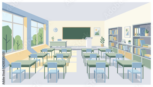 Empty classroom interior featuring rows of wooden desks and chairs with a large green chalkboard