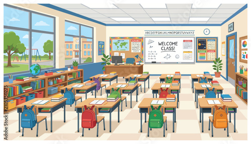 Empty elementary school classroom with wooden desks and colorful backpacks under bright daylight indoor lighting