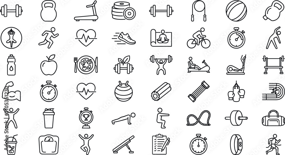 Naklejka premium Fitness and Healthy Lifestyle Outline Icon Set Featuring Gym Equipment Weight Training Elements Running Cardio Nutritious Diet Plan and Wellness Progress Tracking Symbols