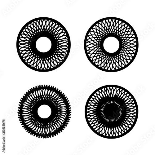 Circular linework pattern set with intricate symmetrical designs featuring voids and radiating lines with monochromatic black and white style
