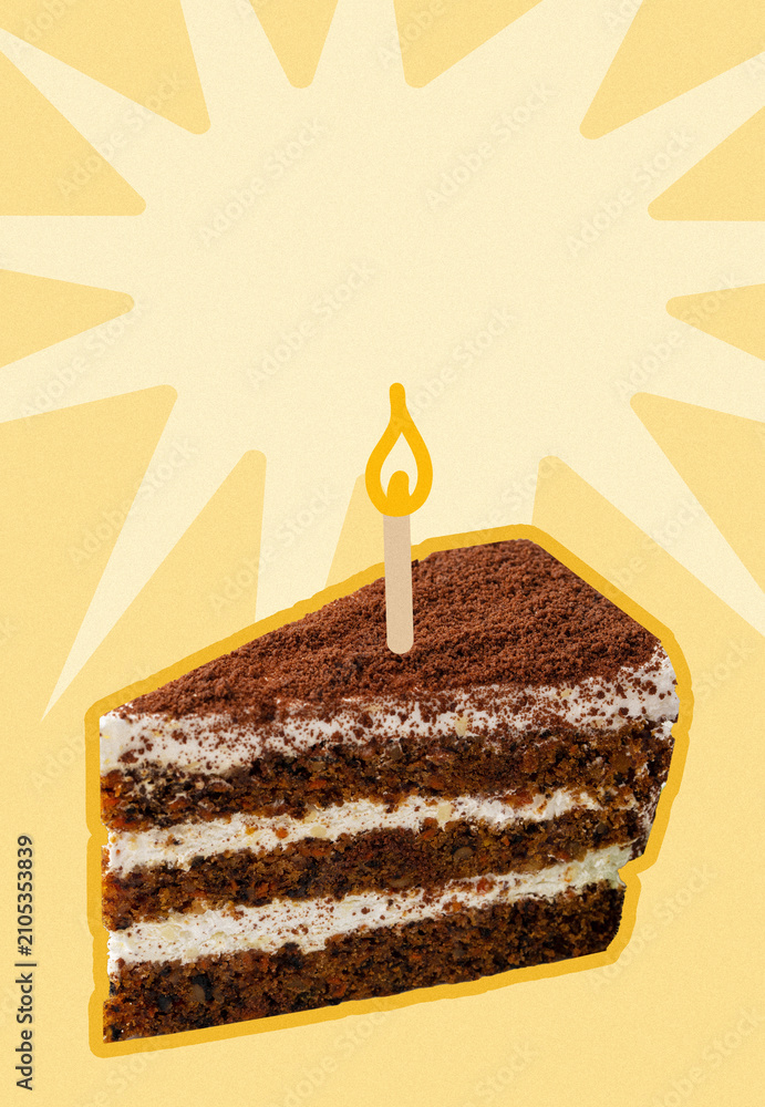 Fototapeta premium Celebrating a birthday with a cake slice and a lit candle on a bright background