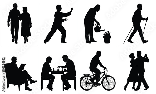 Vector collection of active senior citizens silhouettes showcasing retirement lifestyle hobbies including gardening tai chi cycling reading and dancing