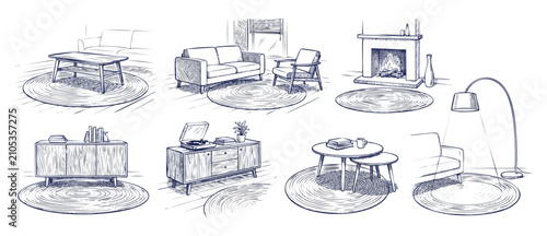 Фотография Living room furniture sketch set of hand-drawn interior design elements on round rugs including sofa, coffee table, fireplace, and sideboard in minimalist black and white line art vector style