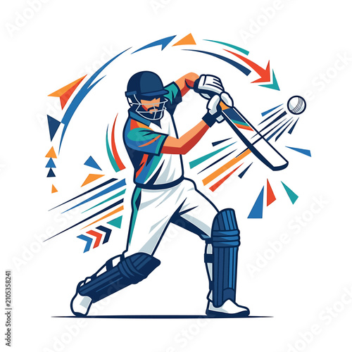 Dynamic cricket batsman performing a powerful stroke in a stylized artistic illustration.