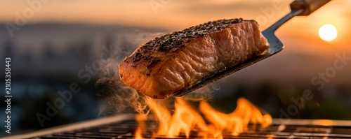 Fresh salmon fillet cooking on  metal spatula over hot flames of an outdoor barbecue grill at sunset