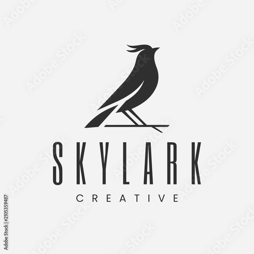 A modern, minimalist black and white logo design featuring a stylized skylark bird silhouette perched on a branch, perfect for creative agencies or branding.