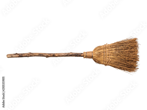 Rustic witch broomstick with natural wood handle and straw bristles for Halloween PNG Isolated on transparent background