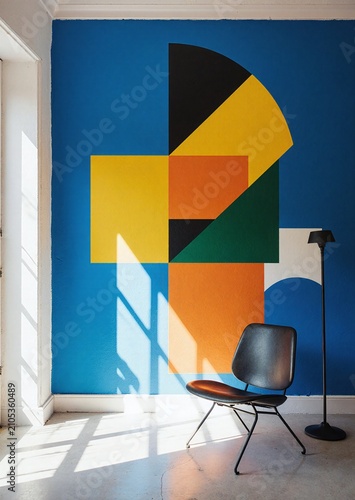 Geometric Mural and Modern Chair Illuminated by Natural Light in a Contemporary Interior Space