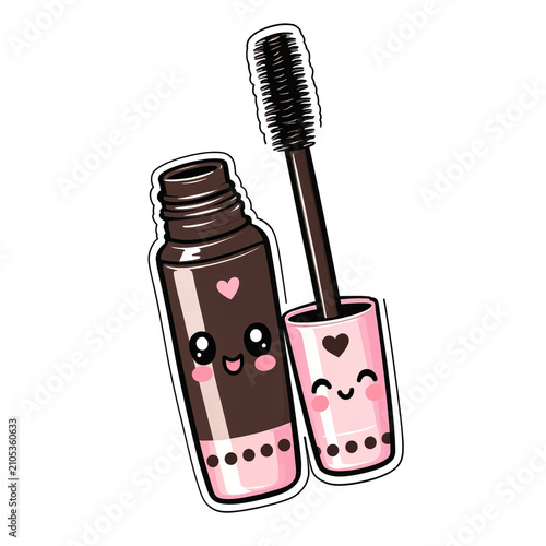 Mascara bottle and wand smiling with kawaii faces and pink hearts, playful cosmetic illustration suitable for beauty designs and children's decor. Simple white background with copy space.