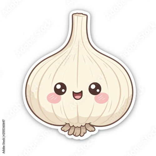 A smiling kawaii garlic bulb with blushing cheeks and a happy expression shown as a cute vegetable character. Simple white background with sticker-style outline for illustration use.