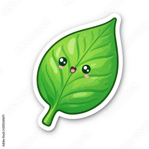 A smiling green leaf character with happy expression and glossy highlights, placed on a white sticker-style background. Playful botanical illustration suitable for kids and eco themes.