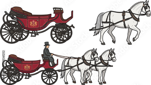 Fotografía Royal Maroon Horse Drawn Carriage Vector Set Featuring Coachman Elegant White Ho