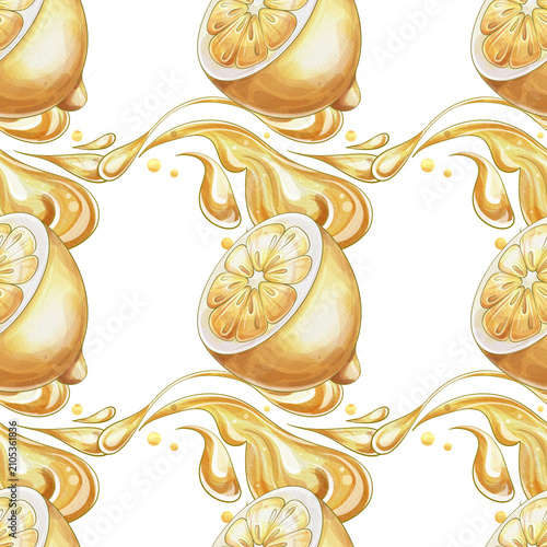 Fotografie Lemon Juice Splash Seamless Pattern Watercolor Illustration, Fresh Citrus Fruit