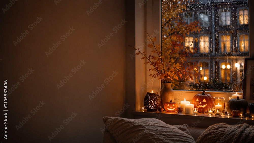 Fototapeta premium rainy autumn window with glowing pumpkins on the windowsill, warm candles, soft fairy lights, cozy Scandinavian apartment