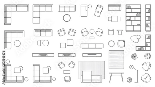 Modern Living Room Furniture CAD Plan Symbols Vector Collection for Interior Design