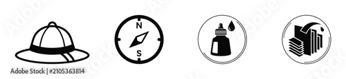 Fotografía Outdoor adventure icons hat compass insect repellent and first aid