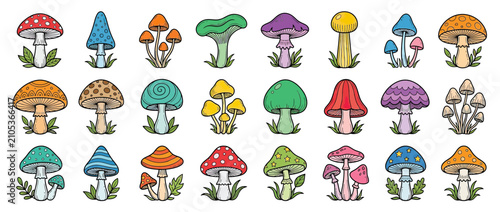 Collection of Colorful Cartoon Mushrooms with Grass