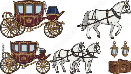 Fotografie Royal Horse Drawn Carriage Vector Set Featuring Luxury Ornate Gold Coach Elegant