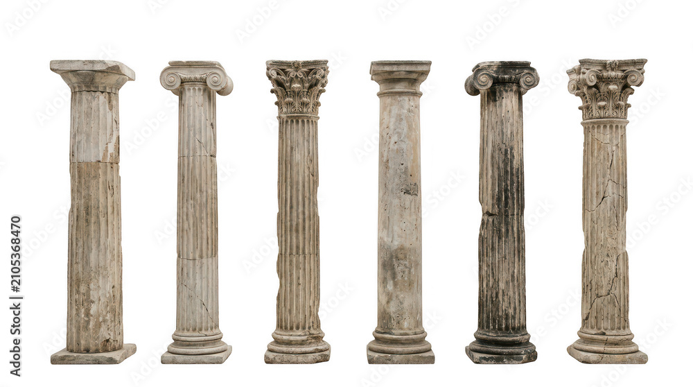 Obraz premium Set of six old stone roman pillars isolated on transparent background