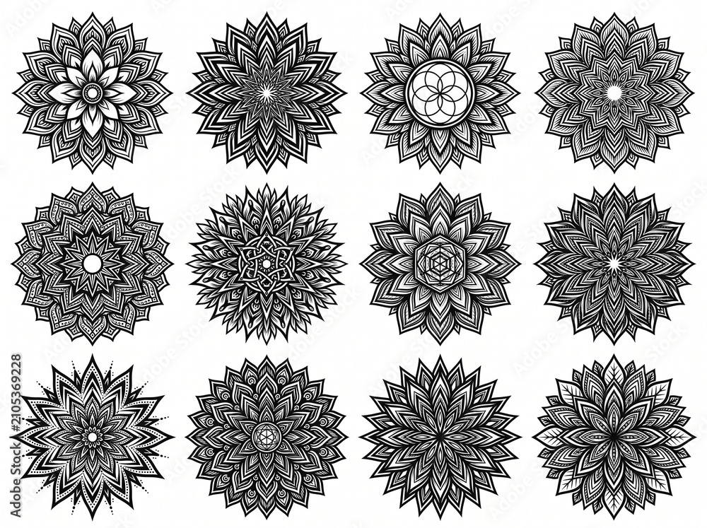 Obraz premium Set of complex round mandala geometric designs and spiritual decorative ornaments with geometric ornament meditation symmetrical intricate decoration