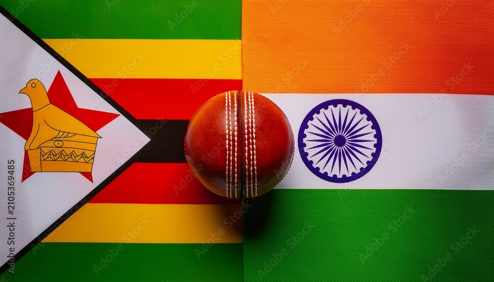 Obraz premium red cricket ball between Zimbabwe flag and India flag