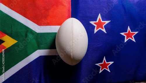white rugby ball between South Africa flag and New Zealand flag