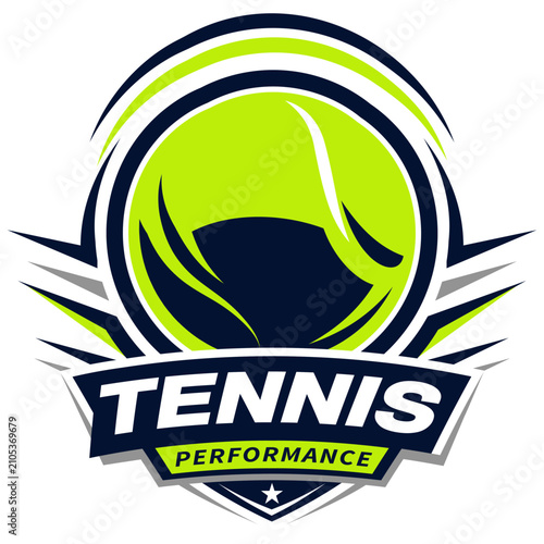 Dynamic Vector Sports Emblem featuring a neon yellow-green Tennis ball within a navy and grey shield banner with the text TENNIS PERFORMANCE.