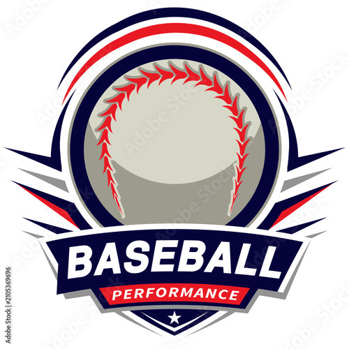 Dynamic Vector Sports Emblem featuring a detailed Baseball with red stitching and a shield-style banner with the text BASEBALL PERFORMANCE.