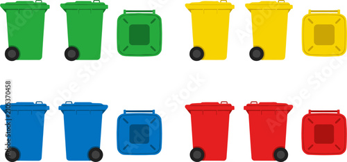 Cuadro en lienzo Collection of colorful plastic wheelie garbage bins for waste sorting and recycl