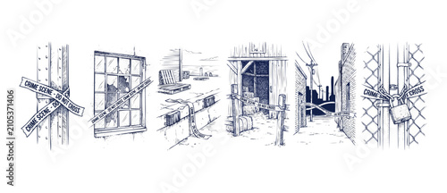 Foto Crime scene sketch illustration set with police warning tape across diverse locations like broken window, locked gate, alley, and dock, conveying mystery, forensic investigation, and legal suspense