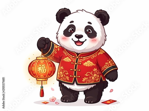 Cute Cartoon Panda Holding a Glowing Chinese Lantern for Lunar New Year.