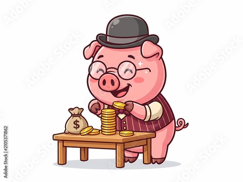 Cute Cartoon Pig Banker Counting Gold Coins.