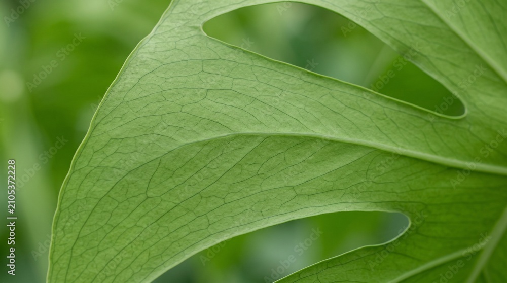 Obraz premium Macro close-up of monstera leaf texture showing intricate veins and natural patterns in bright green tropical plant foliage
