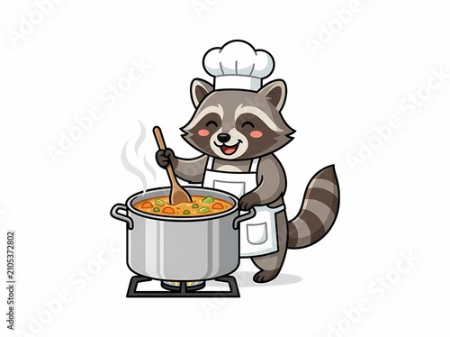Cute Cartoon Raccoon Chef Cooking in a Pot.