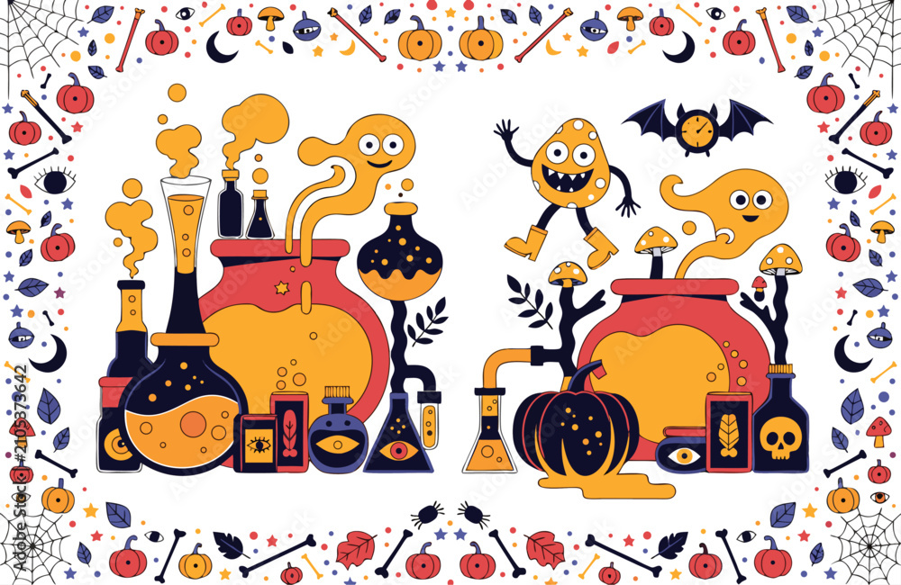 Fototapeta premium Whimsical halloween themed illustration featuring playful characters with mystical brewing paraphernalia